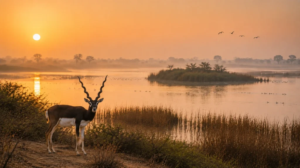 Wildlife of Haryana featuring an adult male black buck and wetlands with some water birds.
